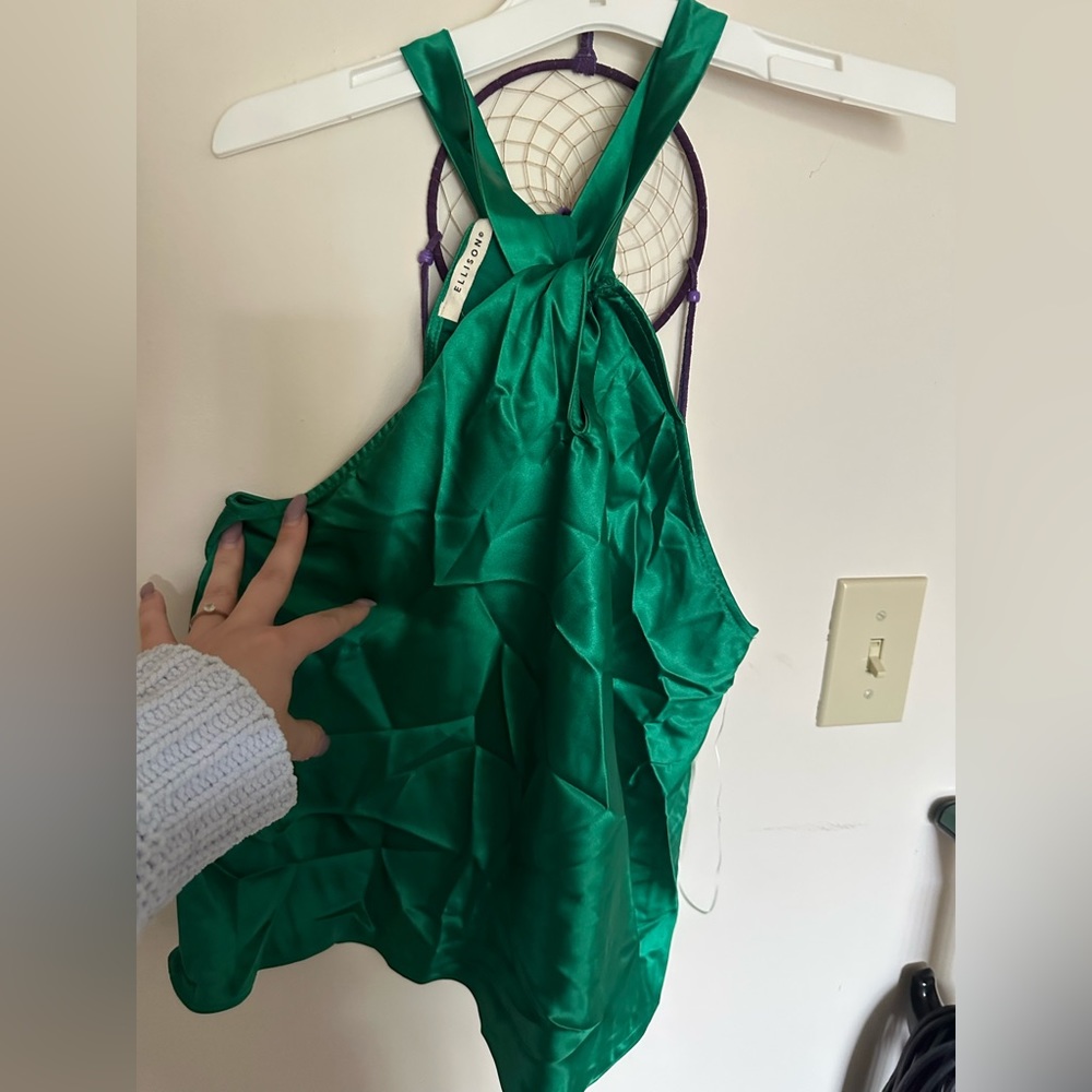 Satin Green Keyhole Sleeveless Blouse